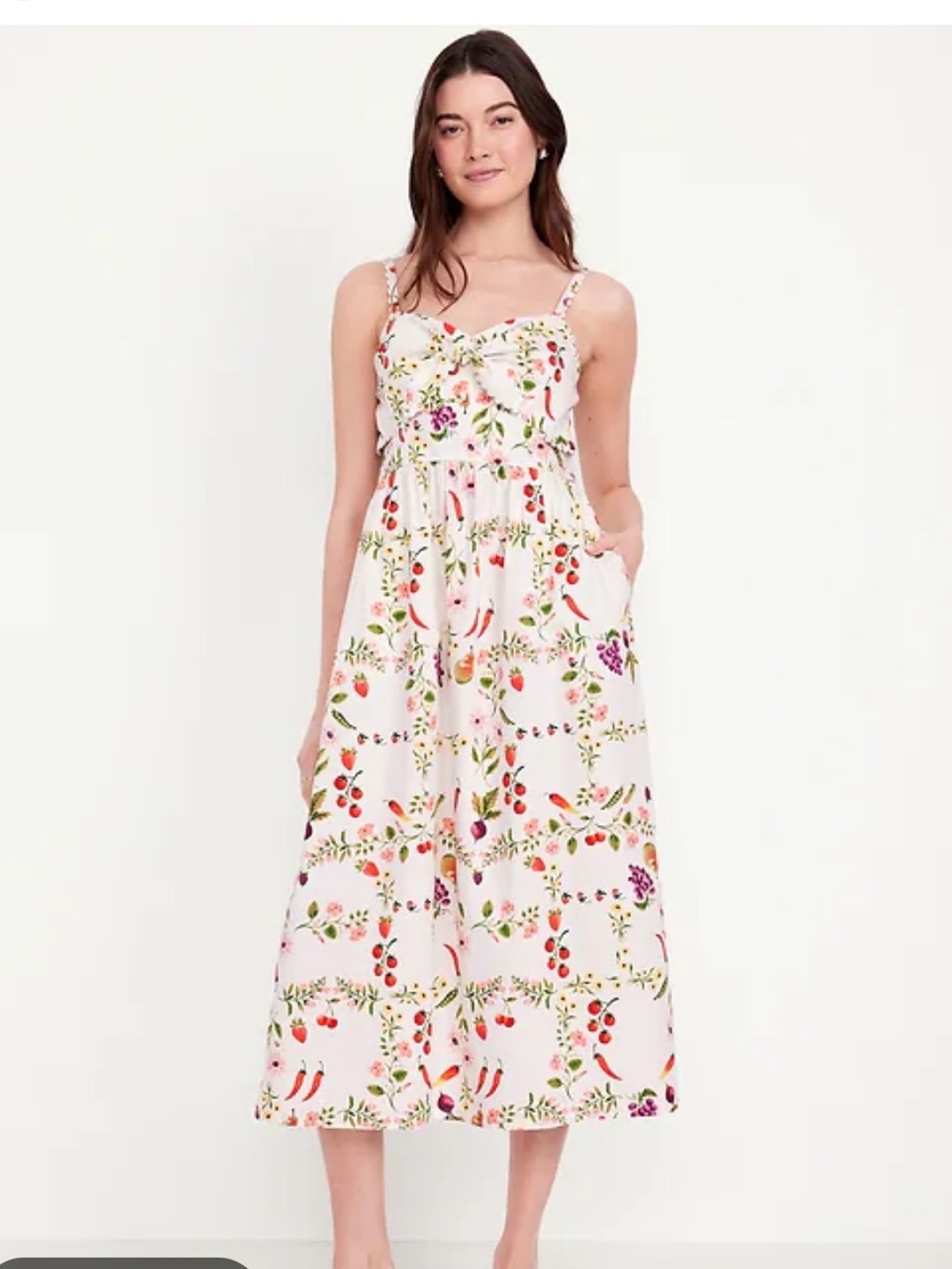 Old Navy White Floral/Vegetable Print Tie-Front Midi Dress adjustable straps